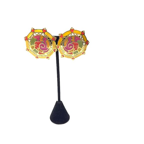 1980s Edgar Berebi XL Enamel Earrings — Art Nouveau Revival — Vibrant Colorway - Picture 5 of 10